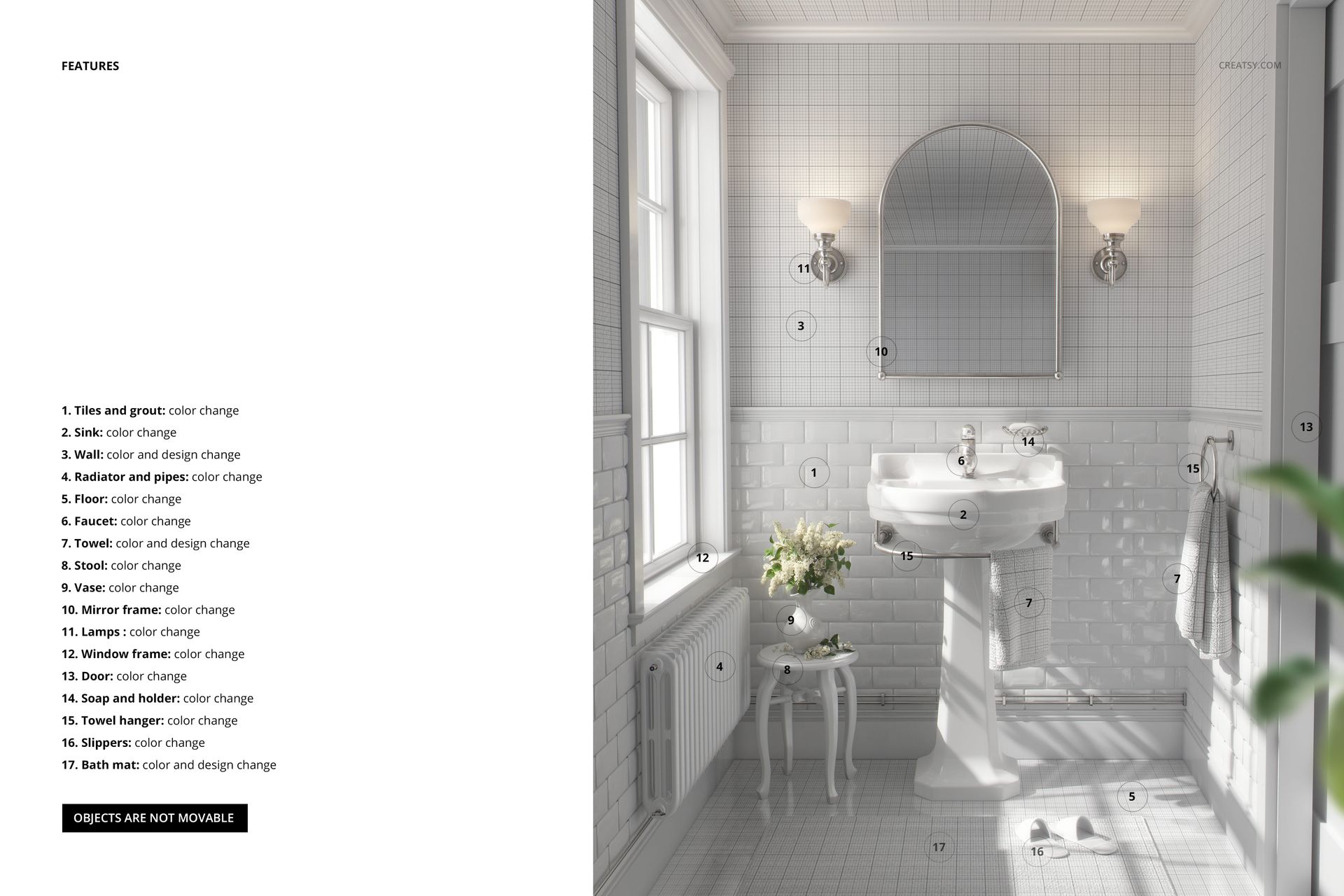 Vintage retro bathroom mockup featuring a white tiled interior, pedestal sink, arched mirror, and wall sconces in a sunlit setting.