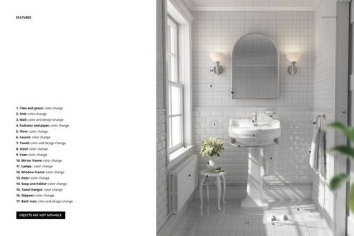 Vintage retro bathroom mockup featuring a white tiled interior, pedestal sink, arched mirror, and wall sconces in a sunlit setting.