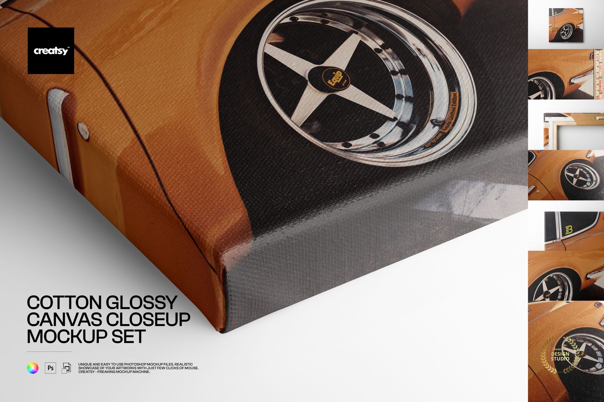 Front angled perspective of a cotton glossy canvas mockup with a detailed car wheel artwork and visible gallery wrap.