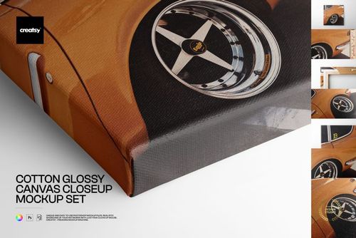 Front angled perspective of a cotton glossy canvas mockup with a detailed car wheel artwork and visible gallery wrap.