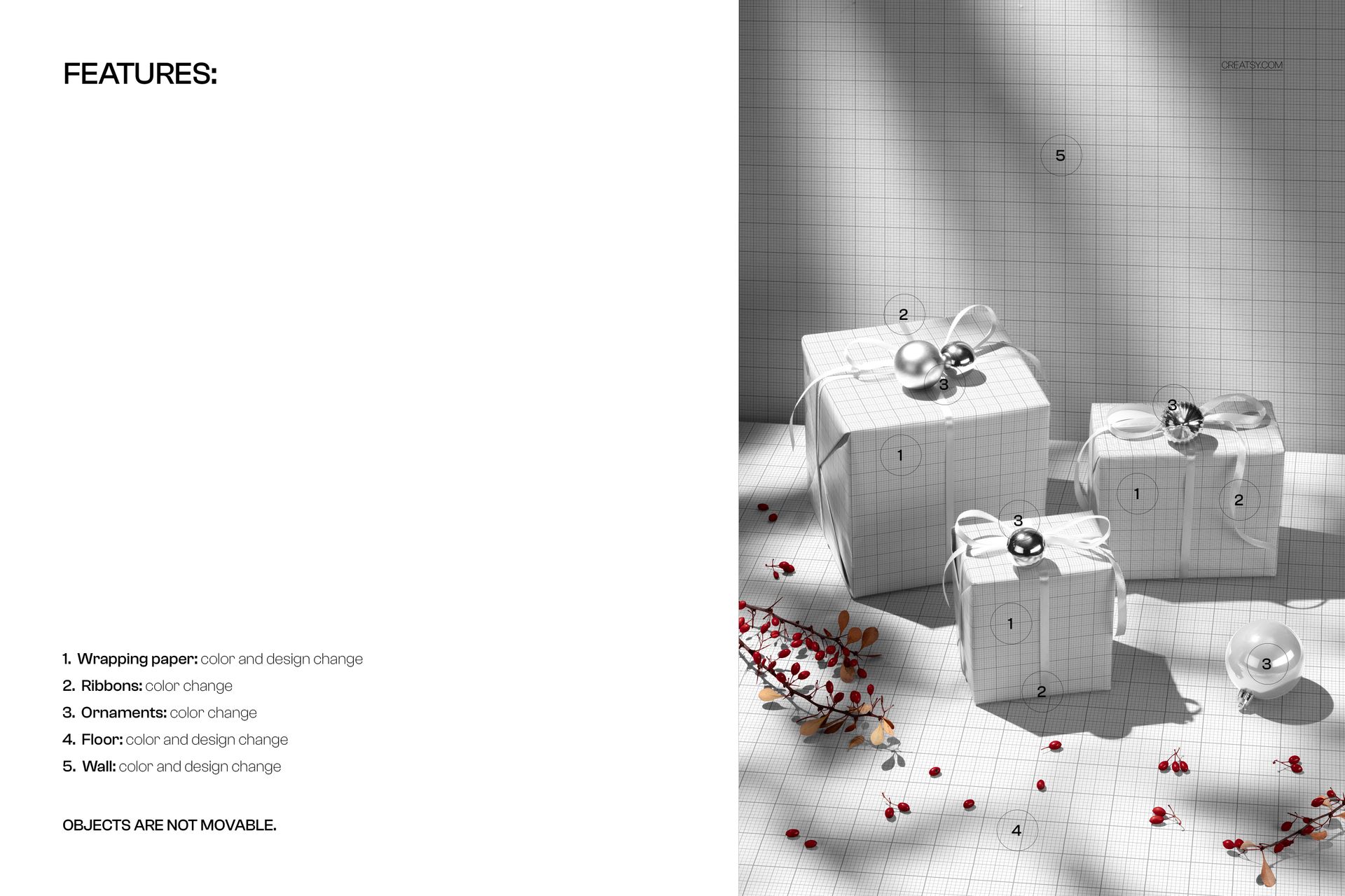 PSD mockup showing three square Christmas boxes with white paper, decorative ribbons, and ornaments in a bright setting.