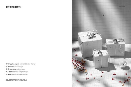 PSD mockup showing three square Christmas boxes with white paper, decorative ribbons, and ornaments in a bright setting.