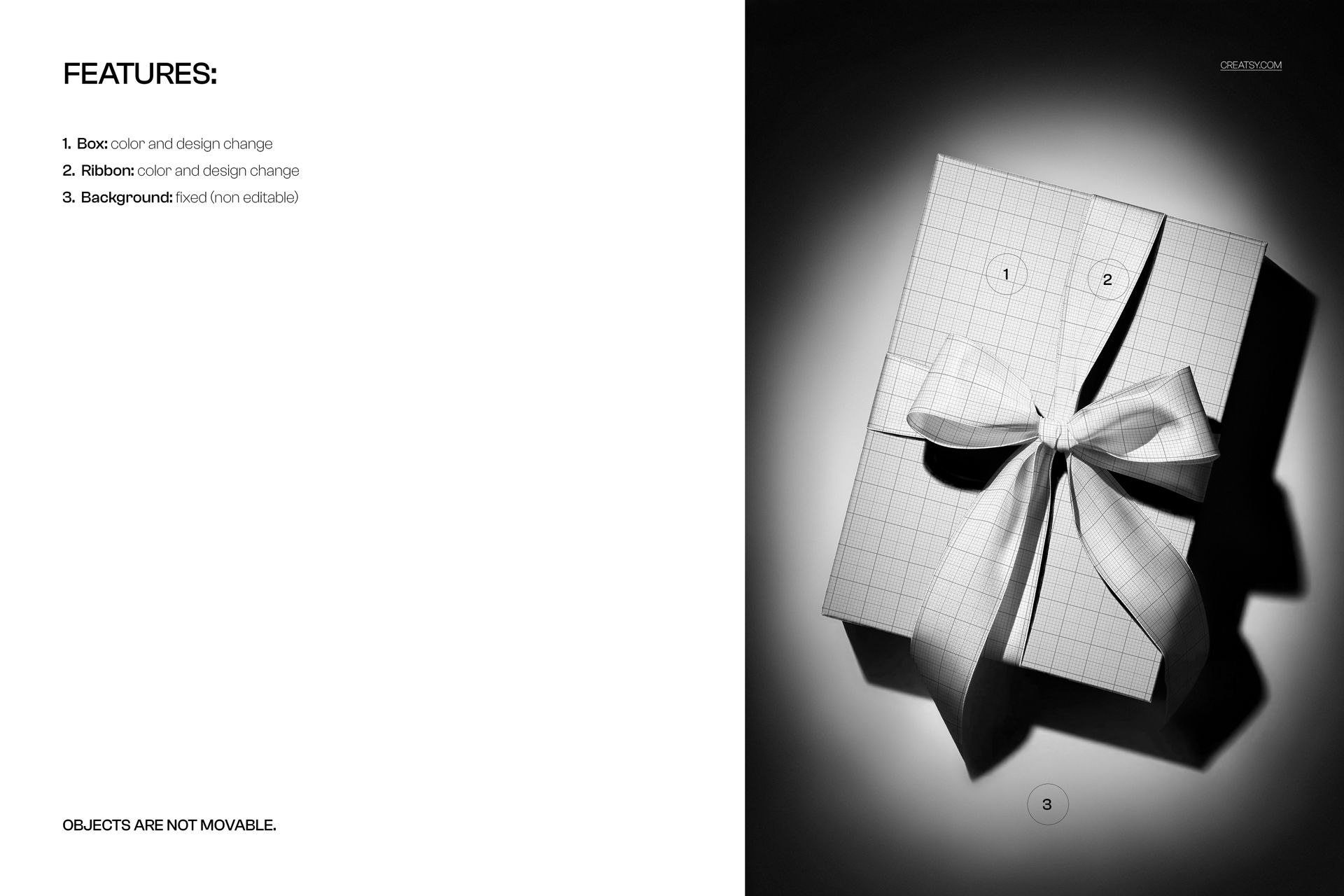 Top view of a wrapped gift box mockup featuring a white bow and grid design, placed on a shadowed surface.