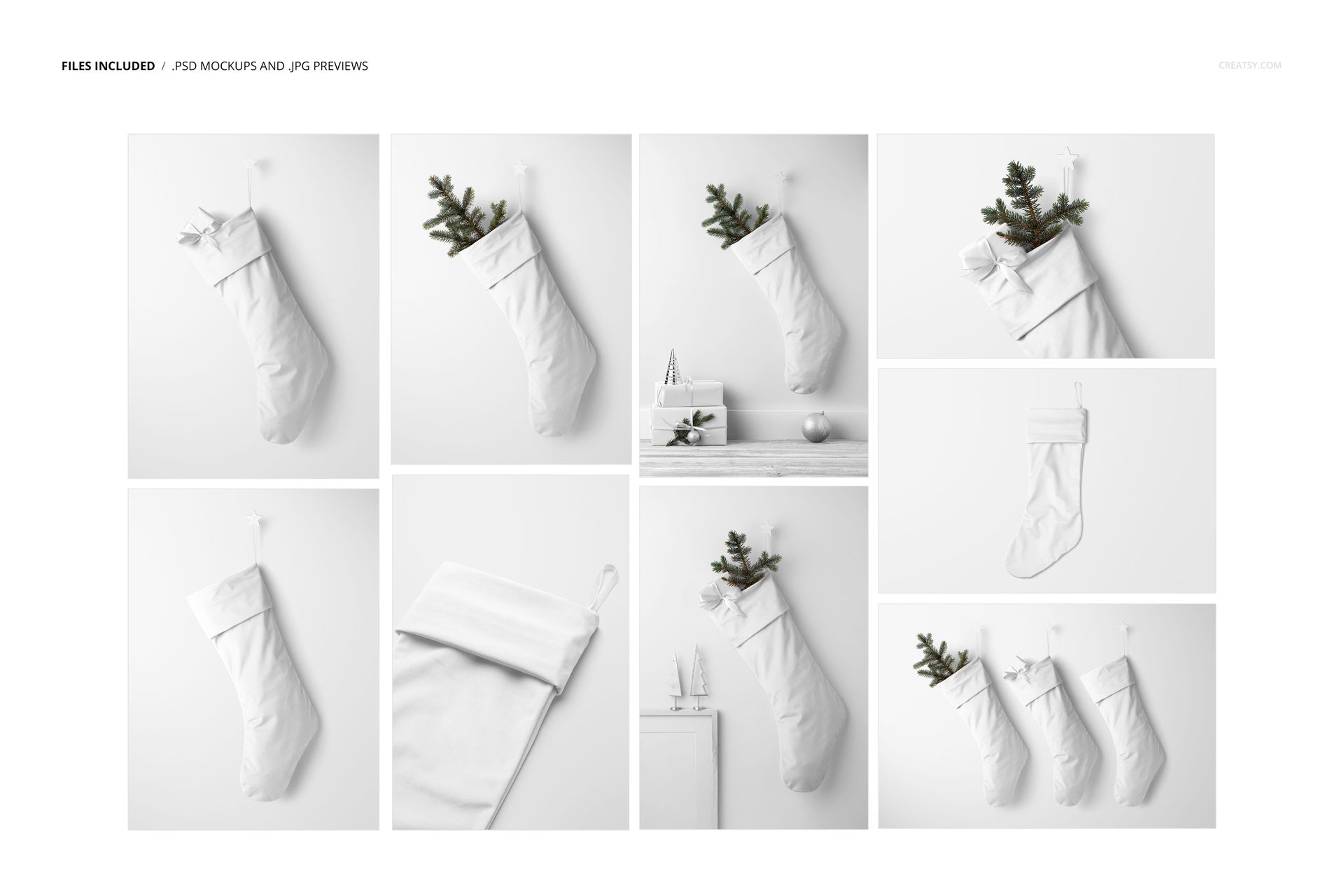 Set of white Christmas stockings mockup displayed on a white wall, some filled with spruce branches, front view.