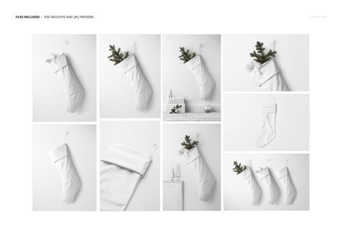 Set of white Christmas stockings mockup displayed on a white wall, some filled with spruce branches, front view.
