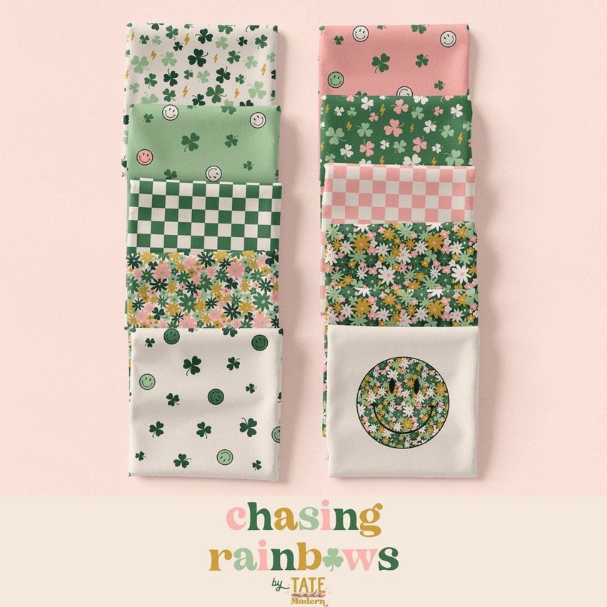 Folded fabrics mockup showing ten stacked fabric pieces with green, pink, and white patterns including florals, checkers, and clovers.