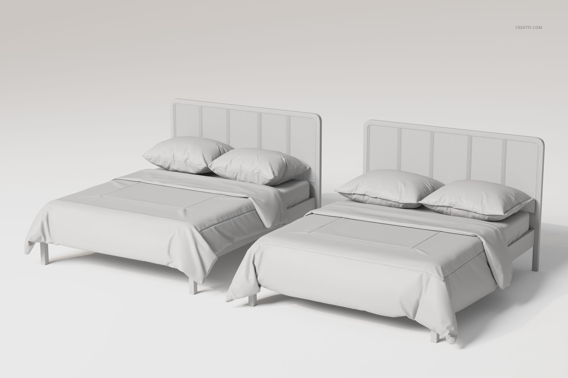 Rattan Headboard Beds with 2 Different Bedding Sets 3D Model - mockup screenshot 3