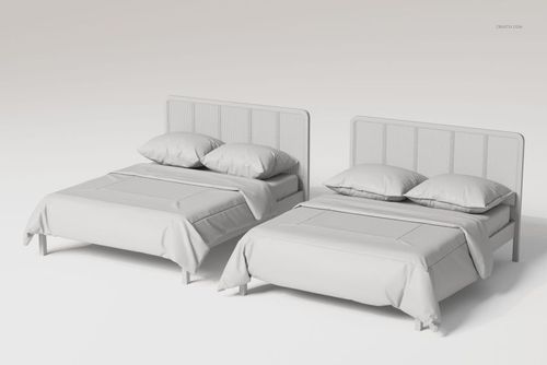 Front view of two rattan headboard beds with different bedding sets in neutral tones, placed side by side on a plain background.