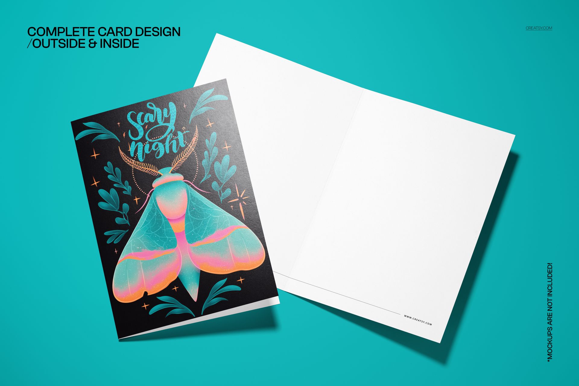PSD mockup showing a Halloween card template with a midnight moth design, vibrant teal and pink accents, and blank interior.
