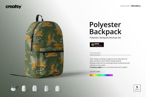 Front-facing polyester backpack mockup featuring a leafy botanical design, with smaller angled views below on a white backdrop.