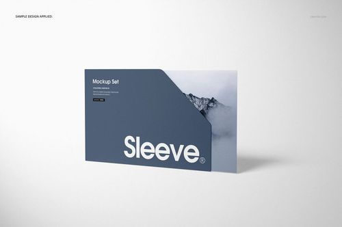 Front view of a stationery sleeve mockup with a blue cover featuring bold white text and a mountain image.
