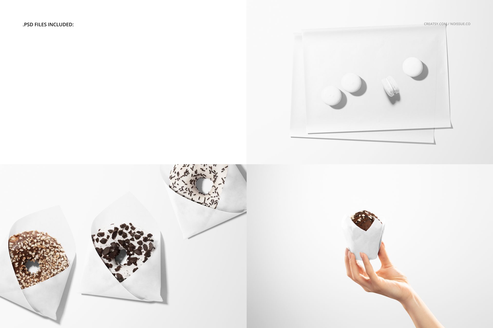 Set of food safe paper mockup scenes featuring pastries and macarons on white sheets, shown from top and side views.