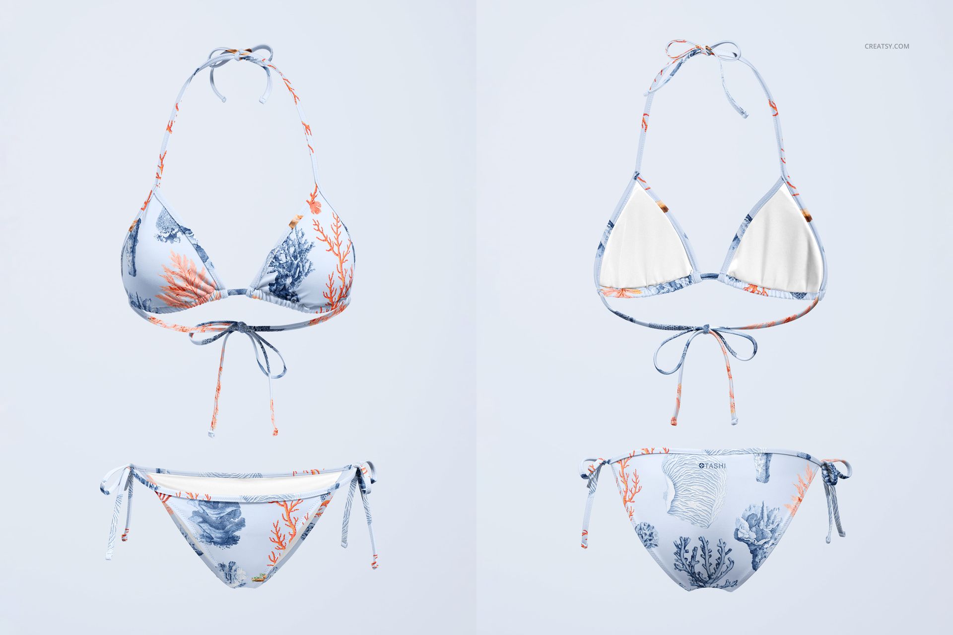 Front view of a bikini mockup set with a blue and orange coral reef pattern on a light background, displayed on a plain surface.