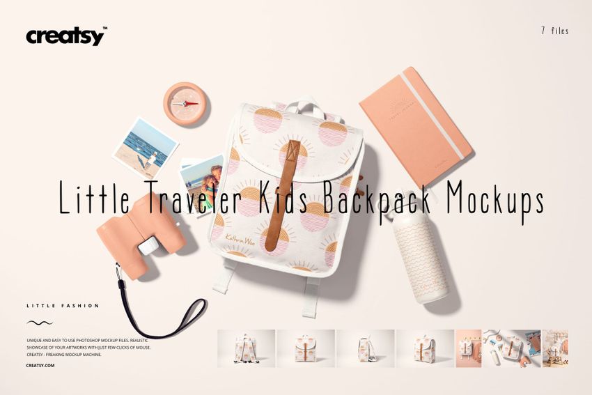 Children’s backpack mockup with soft pink and beige shapes, placed with a water bottle, binoculars, and journal.