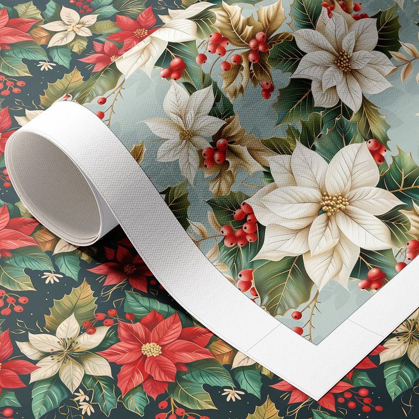 Rolled canvas print mockup featuring a floral pattern with white and red poinsettias, green leaves, and red berries on a textured surface.