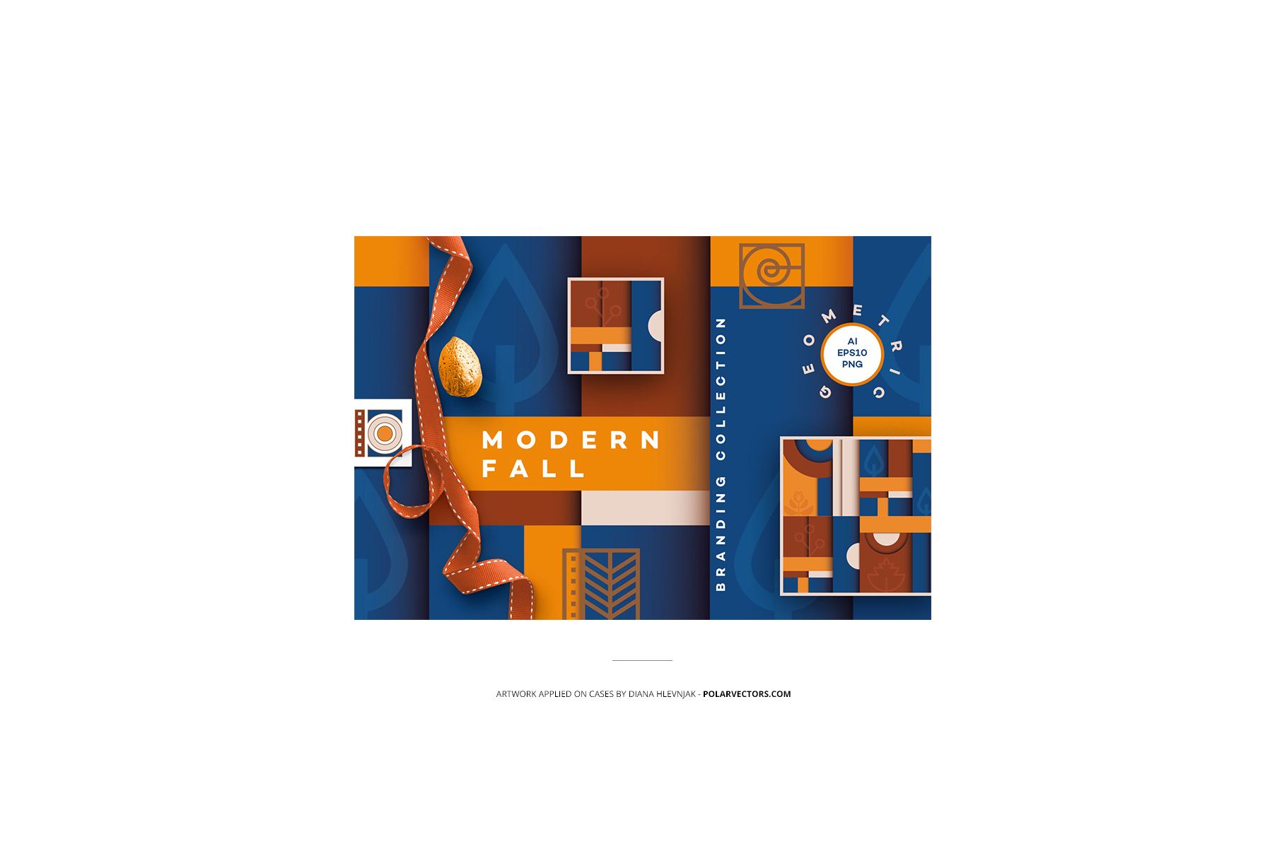 Front view of an iPhone 11 with a glossy snap case featuring a geometric orange and blue fall-themed design mockup.