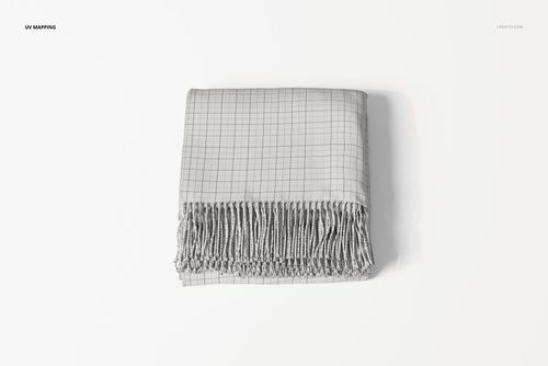 Folded throw blanket with a grid pattern and fringed edges, displayed from a top view on a white background.