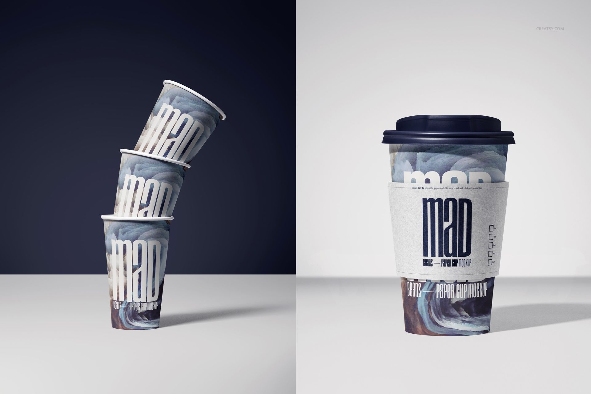 Paper cup PSD mockup featuring a trio of cups in a tower and a separate cup with dark lid and textured sleeve, studio setting.