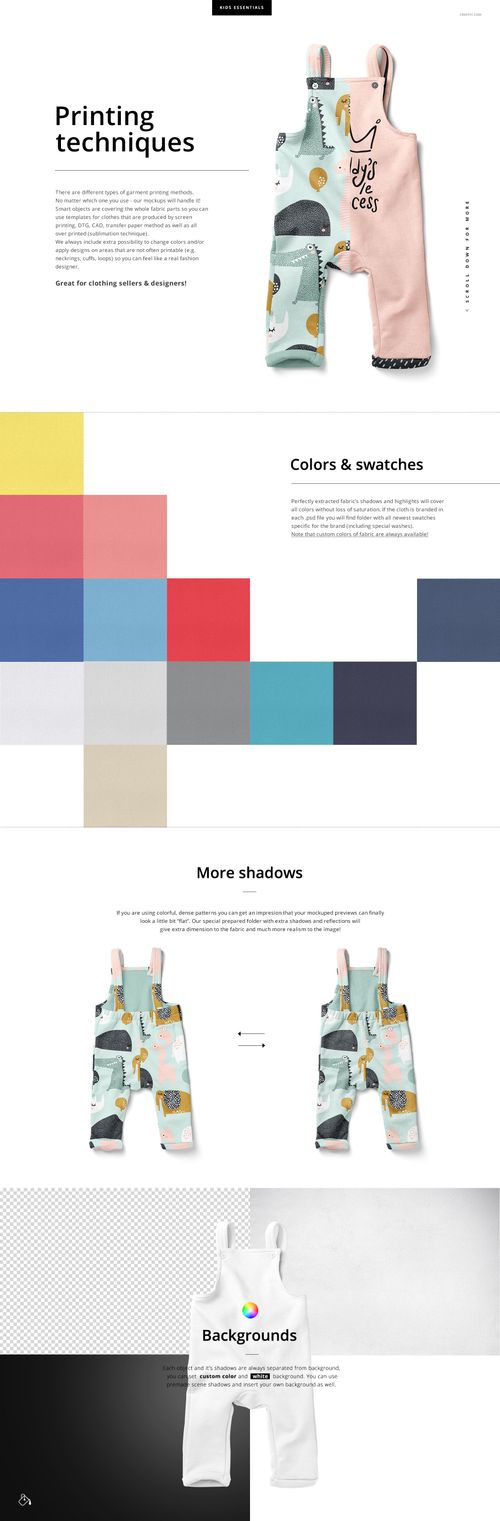 Front view of kids fleece dungarees mockup set with colorful patterns and pastel swatches on a white background.