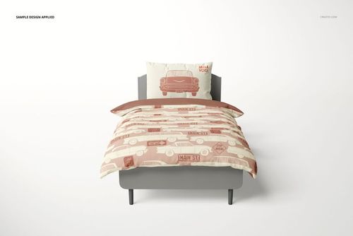 Kids bedding set mockup featuring a duvet and pillow with vintage car illustrations in beige and brown tones, front view.