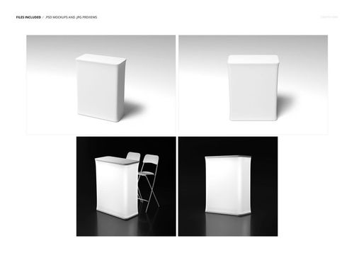 LED light box counter table mockup set featuring a white rectangular table in various lighting and angles.