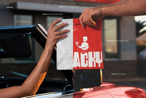 Mockup showing a red fast food paper bag being handed over in a drive-thru, convertible car in foreground.