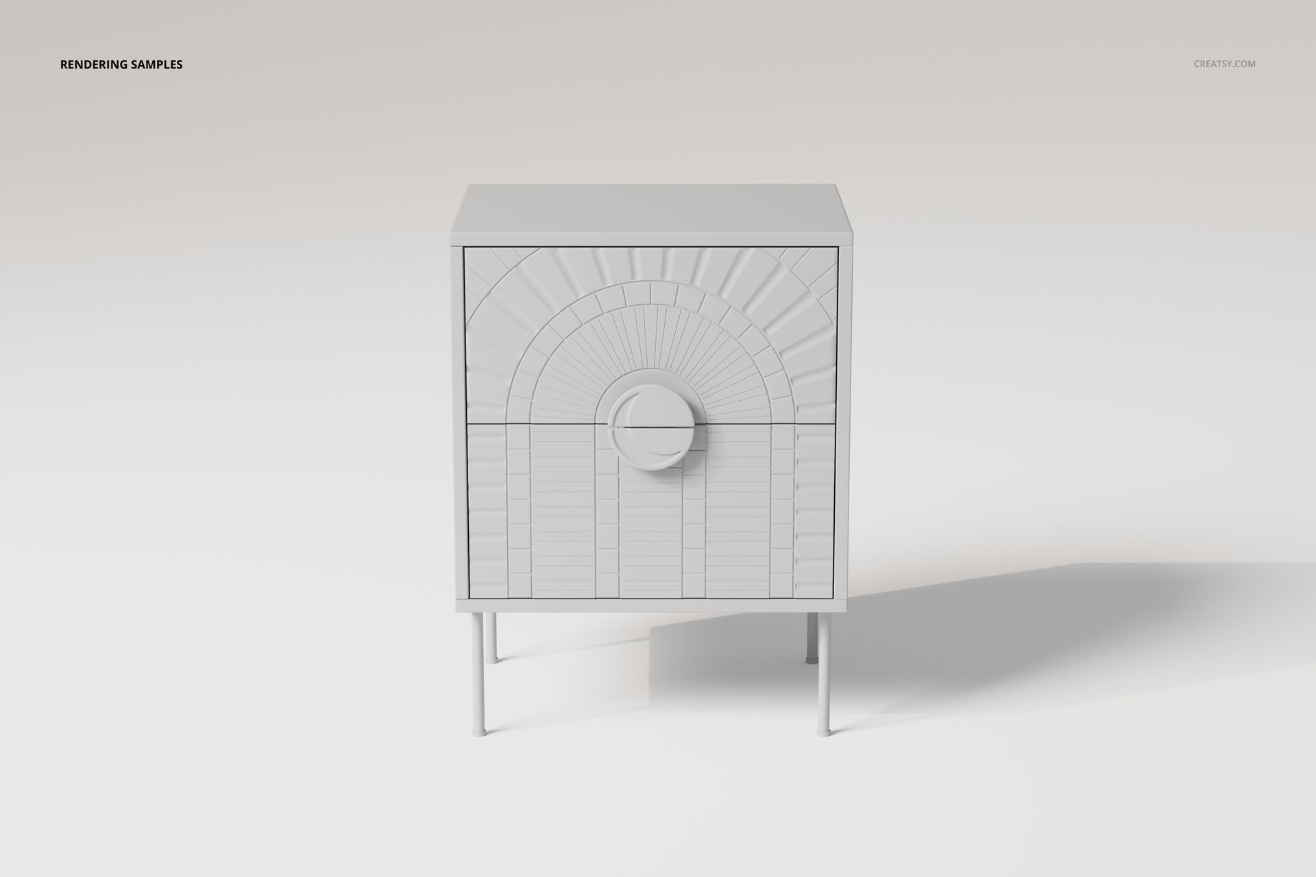 Art Deco nightstand with geometric patterns on the front, shown in a light gray color from a straight front view.