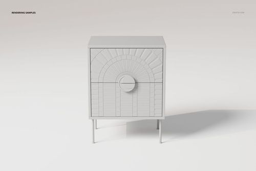 Art Deco nightstand with geometric patterns on the front, shown in a light gray color from a straight front view.