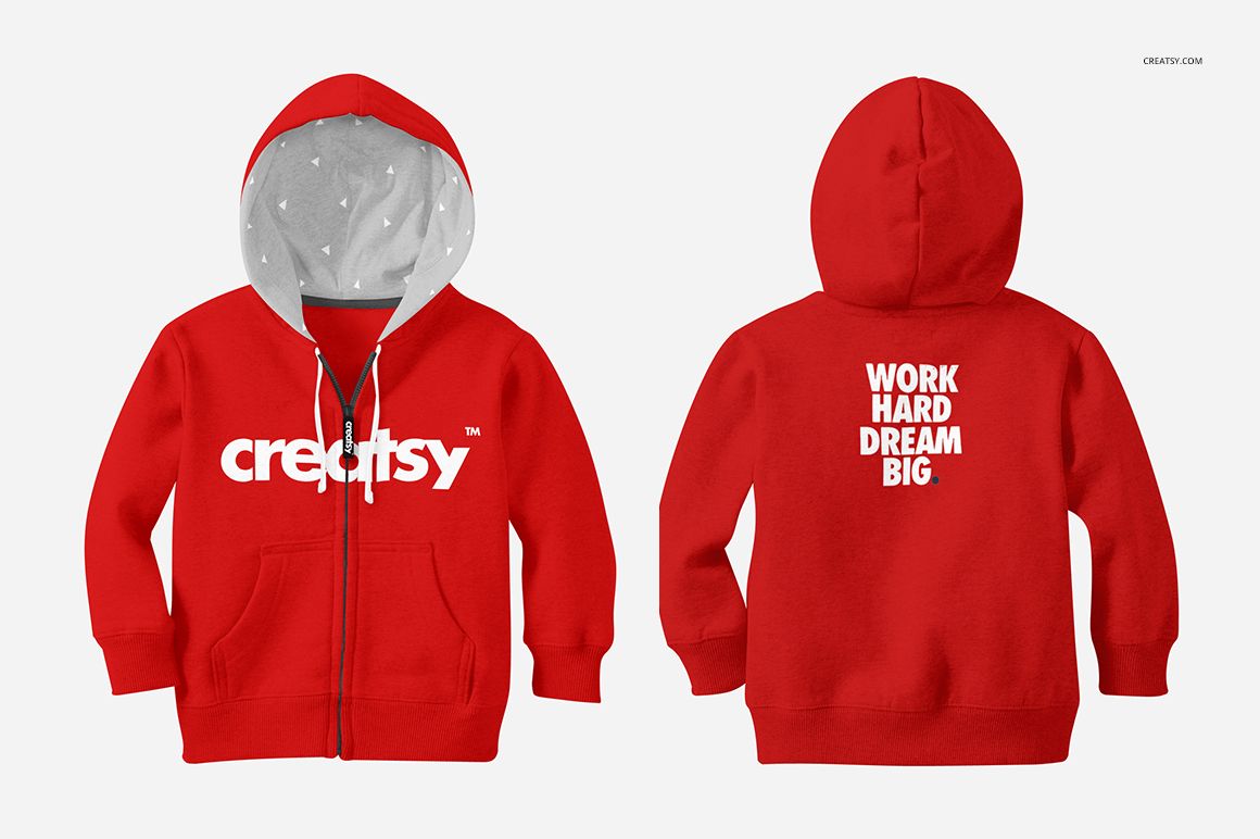 Kids hoodie mockup in bright red, showing front with zipper and pockets, and back with bold white lettering.