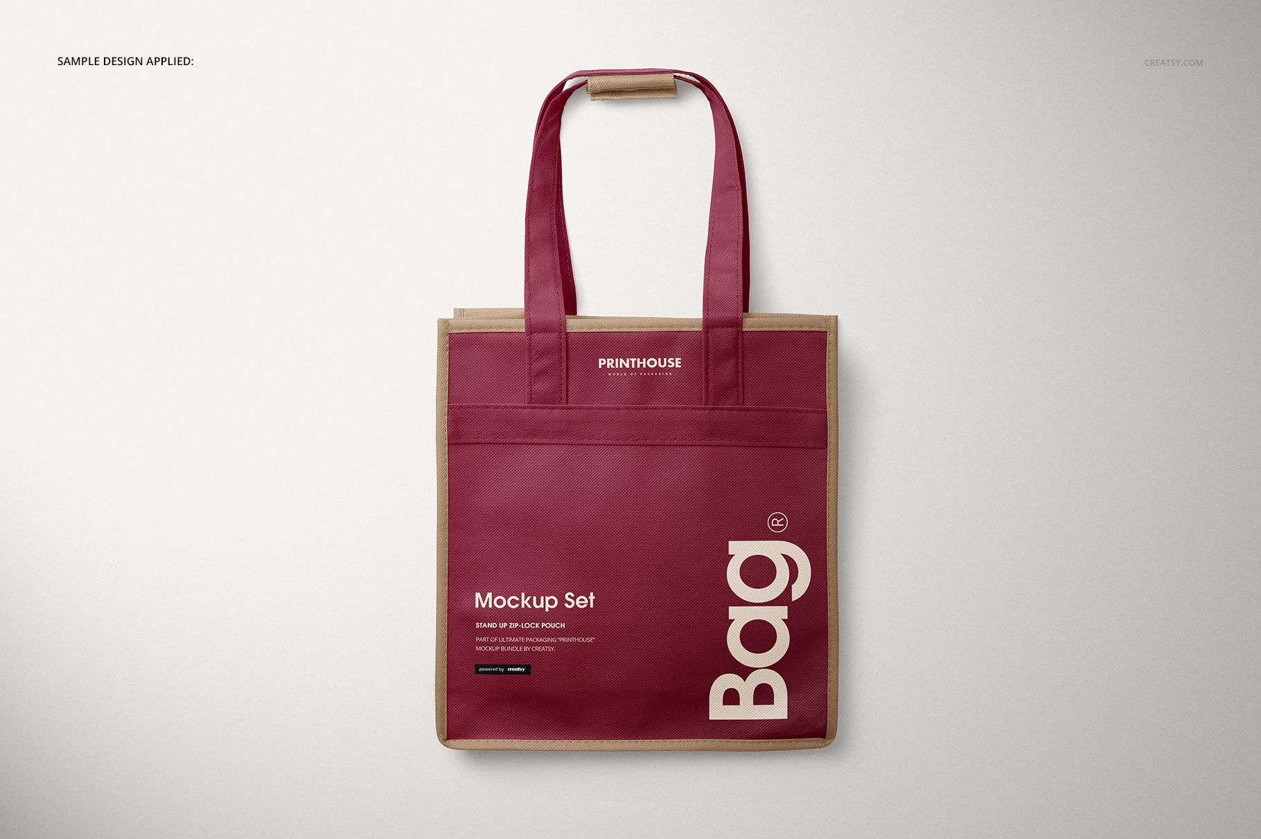 Front view of a six-bottle non-woven wine tote bag mockup in burgundy with beige trim, shown on a light background.