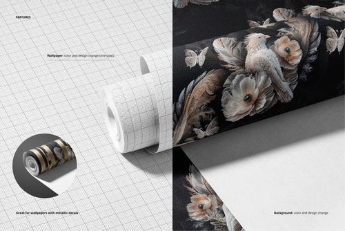 Non-woven vinyl wallpaper mockup showing a rolled sheet with a floral and bird pattern, split view with grid background.