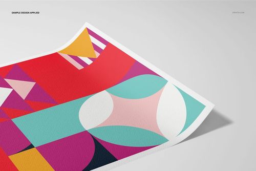 A3 fine art print mockup featuring a colorful geometric abstract pattern on textured paper, angled view.