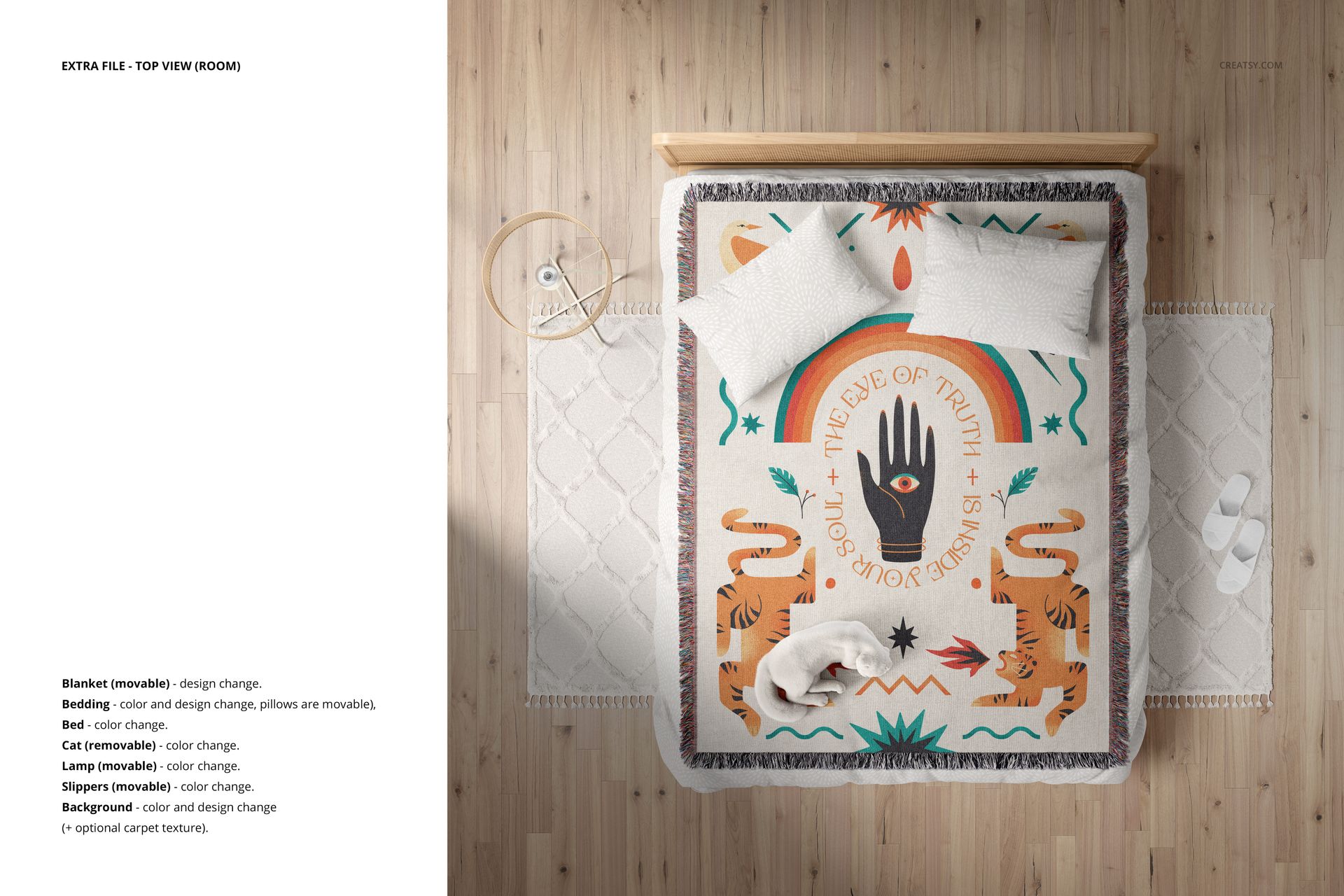 Top view of a boho-style jacquard woven blanket mockup on a bed, featuring a central hand motif and colorful patterns.