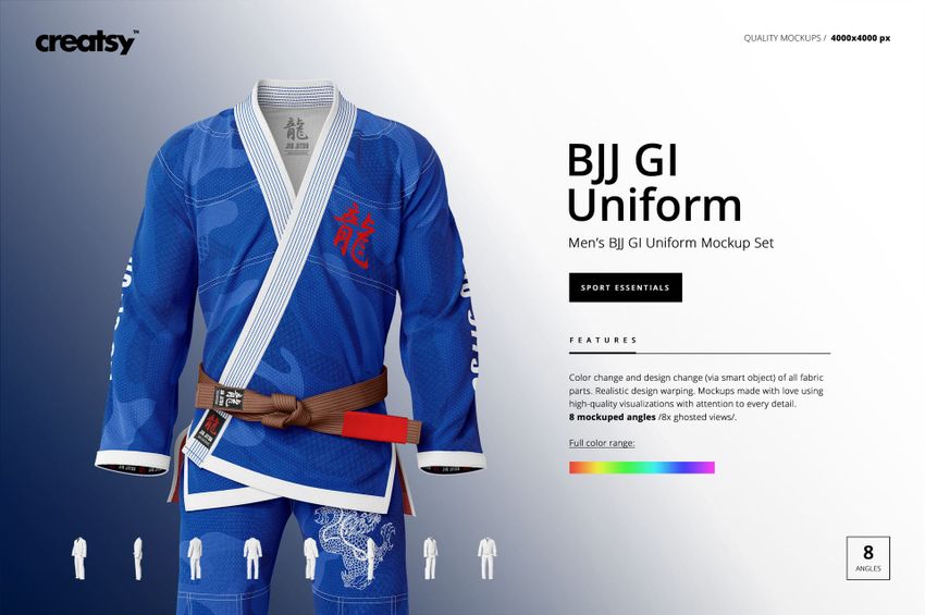 Front view of a blue Brazilian Jiu Jitsu uniform mockup with brown belt, white accents, and subtle pattern details.