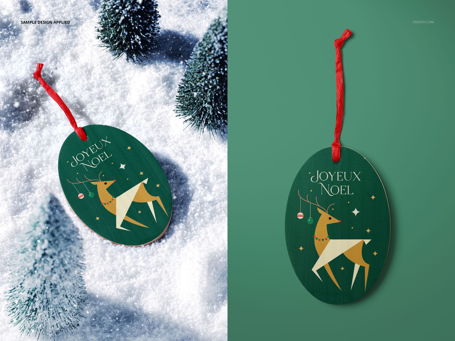 Oval wooden Christmas ornament mockup featuring a green background with a reindeer and Joyeux Noel text, shown on snow and plain backdrop.