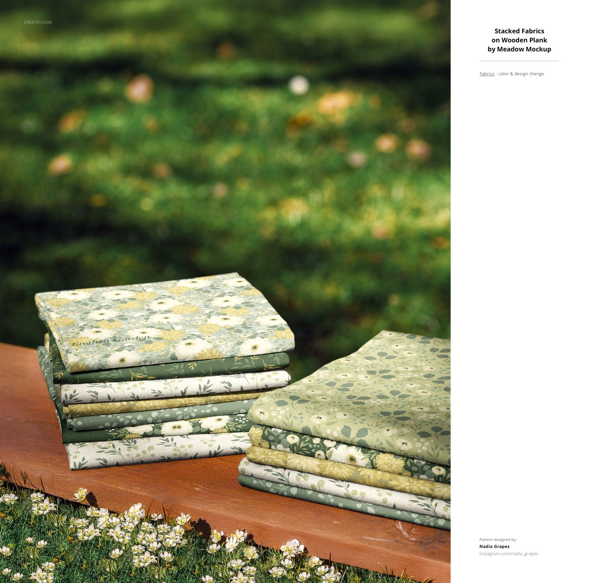 PSD mockup showing stacked fabrics with various green floral and foliage patterns on planks in a sunlit meadow.