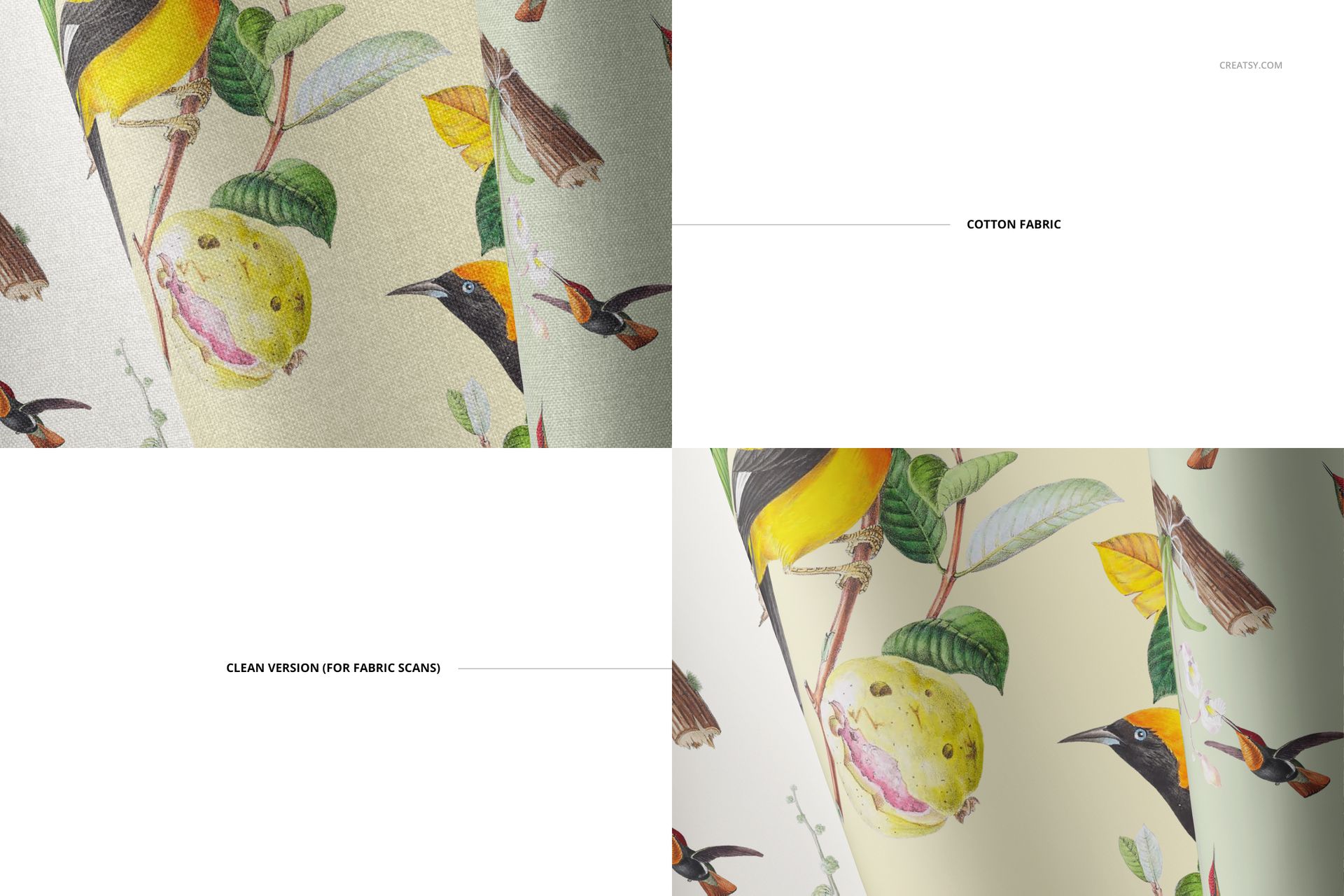Folded fabric mockup featuring a botanical bird pattern in yellow, green, and brown, shown from a close-up angle.