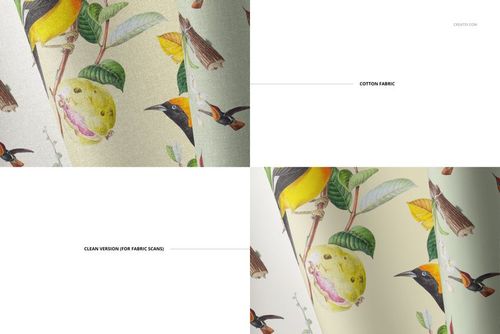 Folded fabric mockup featuring a botanical bird pattern in yellow, green, and brown, shown from a close-up angle.