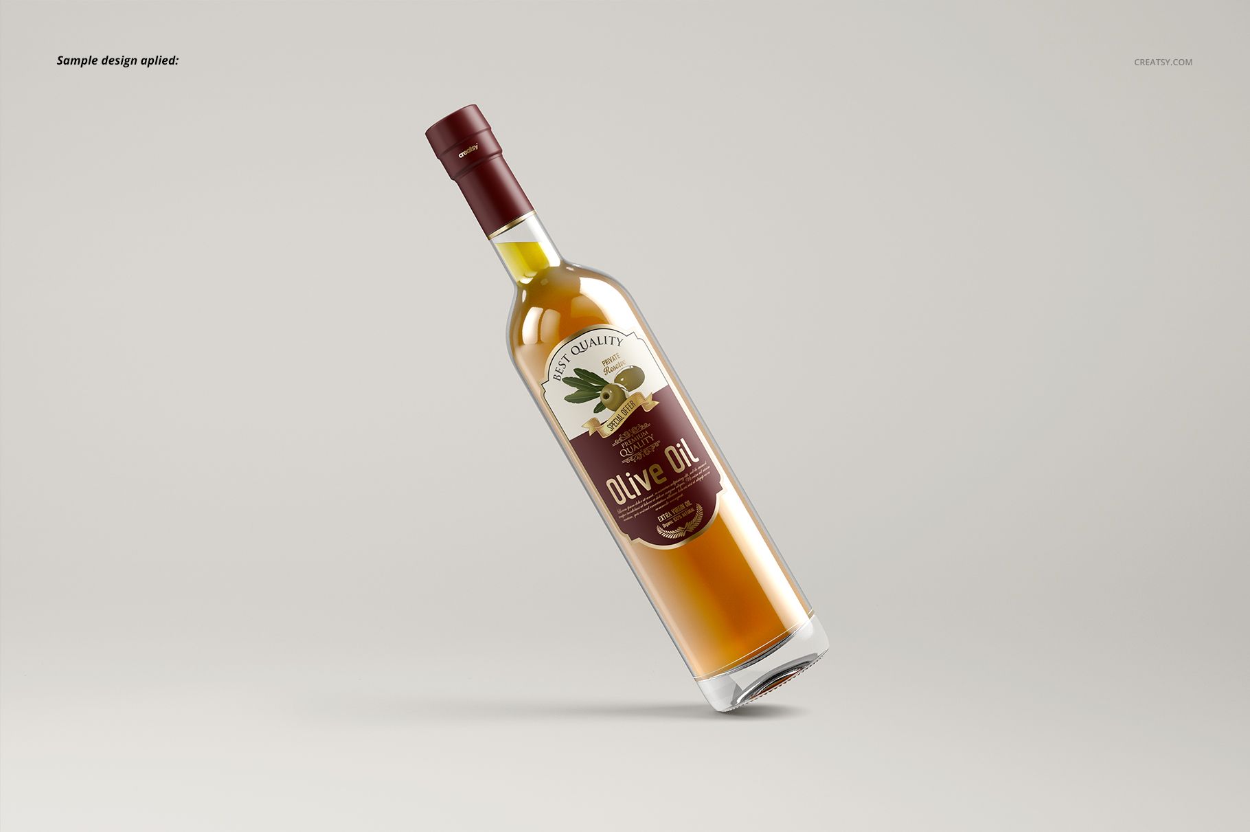 Olive oil bottle mockup with transparent glass, golden liquid, and maroon label, displayed in front view on plain surface.