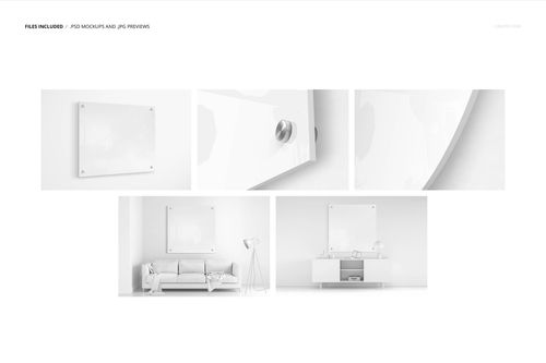 Acrylic print mockup set featuring rectangular and round clear panels, shown in close-up and room scenes with sofa and sideboard.