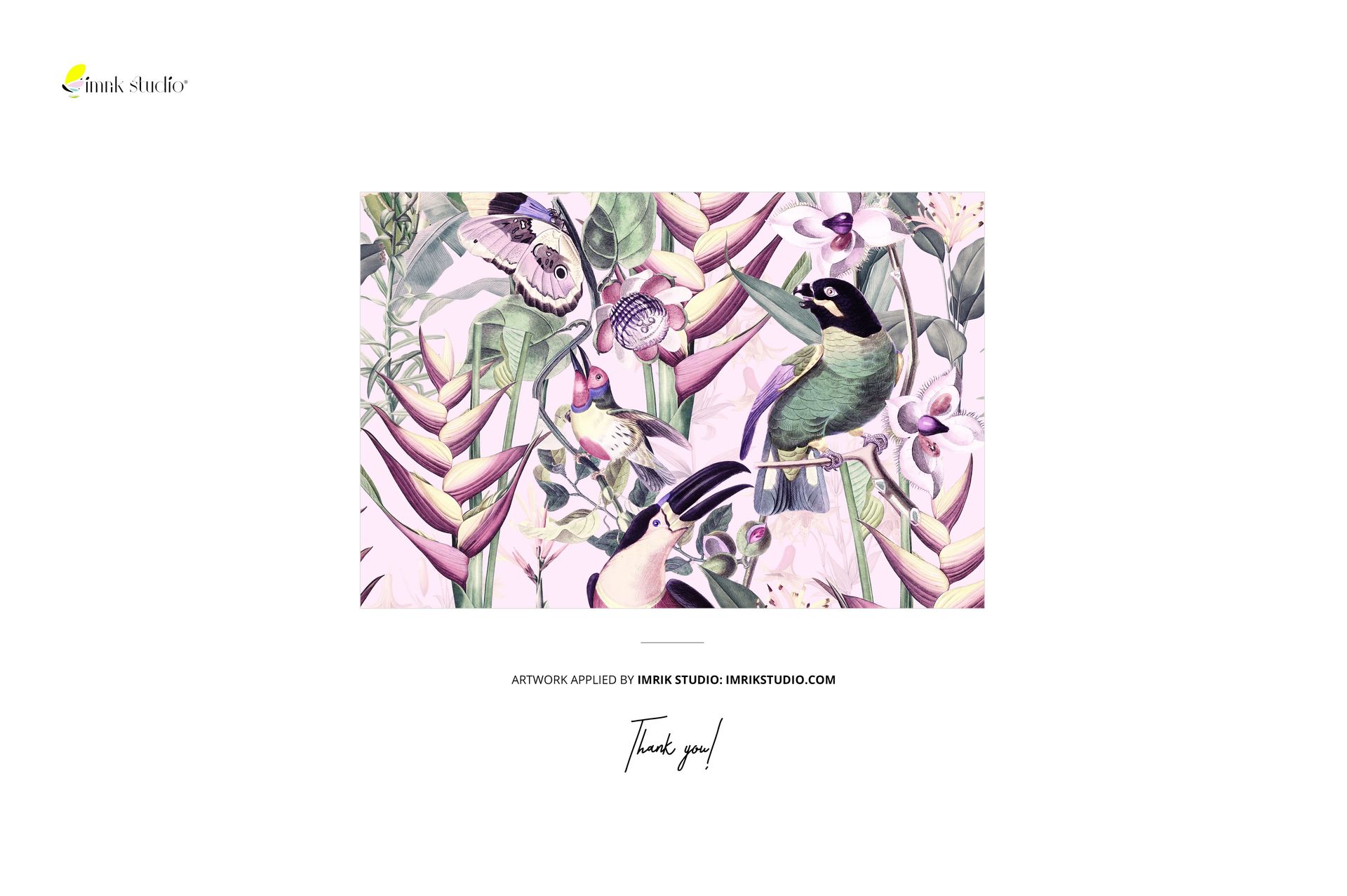 High heels mockup featuring a colorful tropical pattern with birds, butterflies, and lush foliage in pastel tones.