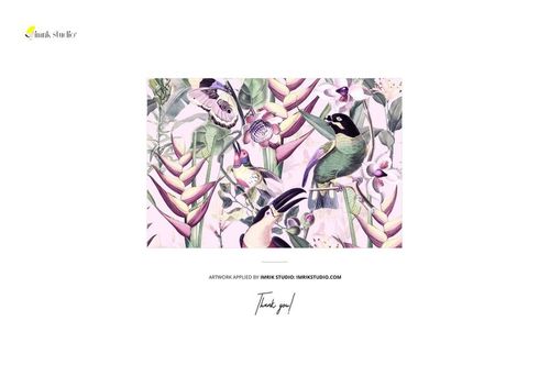 High heels mockup featuring a colorful tropical pattern with birds, butterflies, and lush foliage in pastel tones.