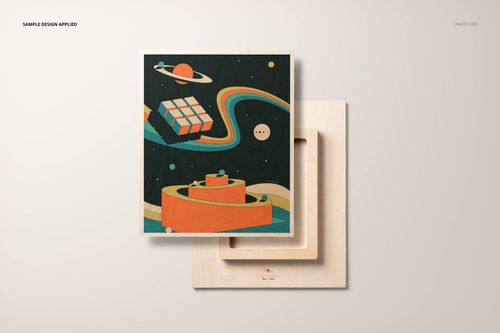 Square plywood wall art mockup featuring a colorful retro space-themed design, shown from a front angle on a light background.