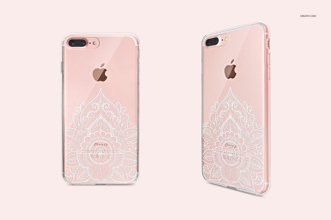 PSD mockup of a clear iPhone 7 Plus case featuring a white decorative design, displayed front and angled views.