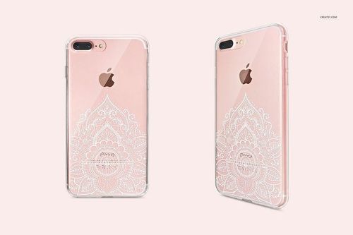 PSD mockup of a clear iPhone 7 Plus case featuring a white decorative design, displayed front and angled views.
