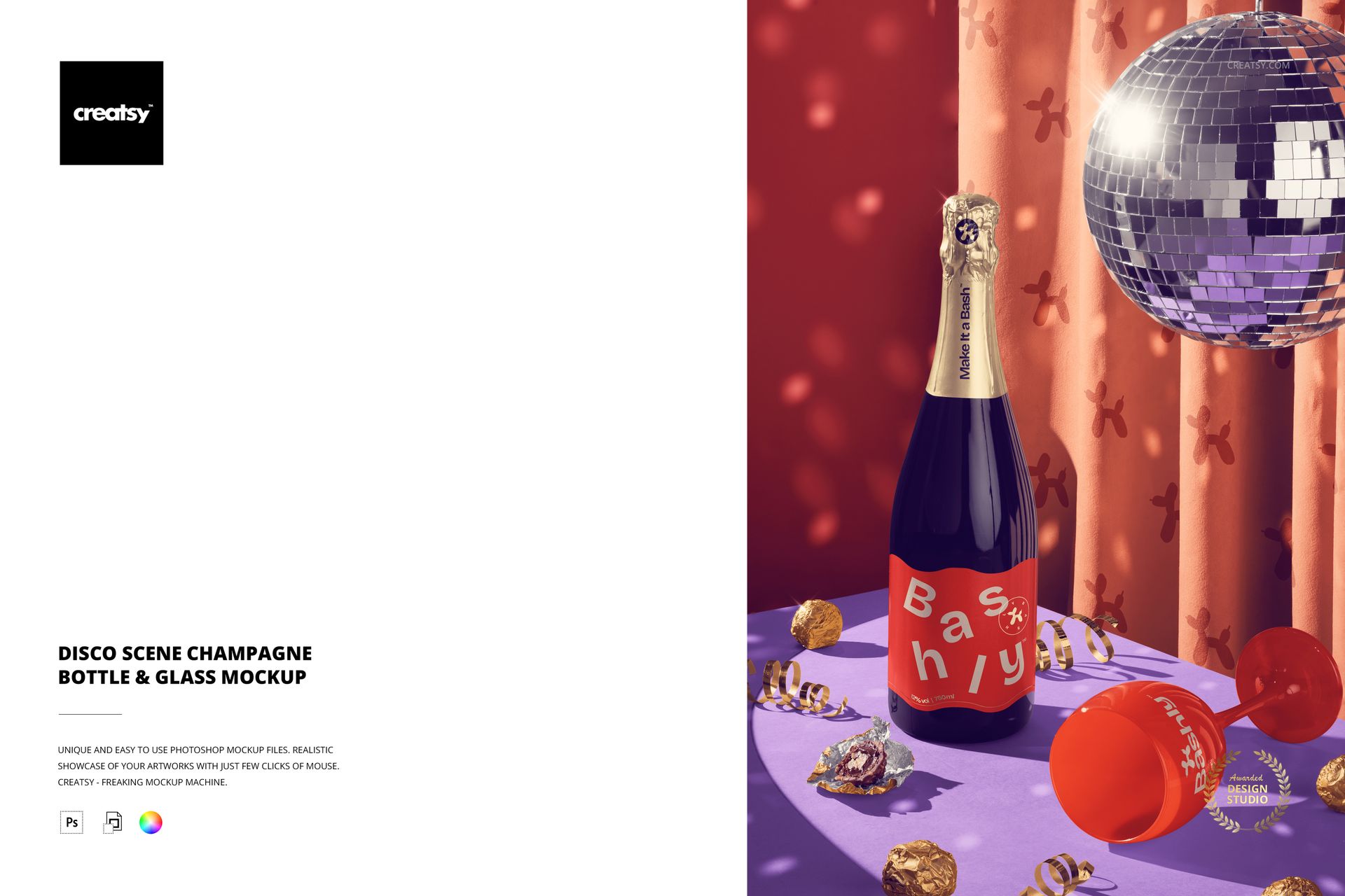 PSD mockup featuring a champagne bottle and wine glass in a festive disco scene with a velvet curtain, mirror ball, and scattered candies.