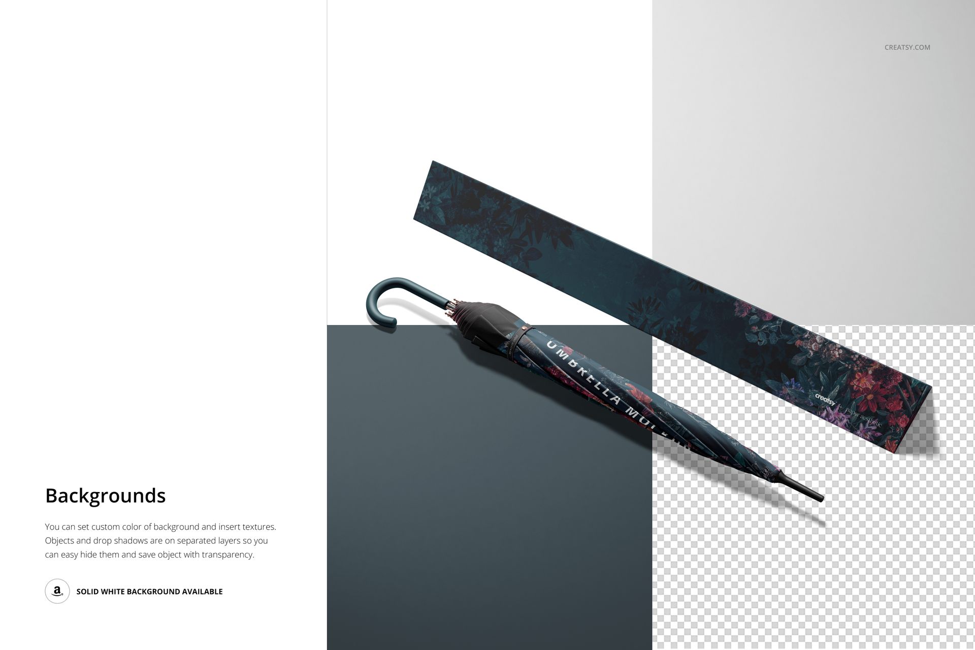 PSD mockup featuring a long umbrella and coordinating box with floral accents, arranged on a minimalist surface.