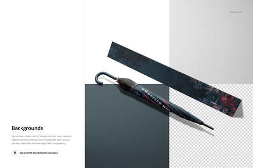 PSD mockup featuring a long umbrella and coordinating box with floral accents, arranged on a minimalist surface.