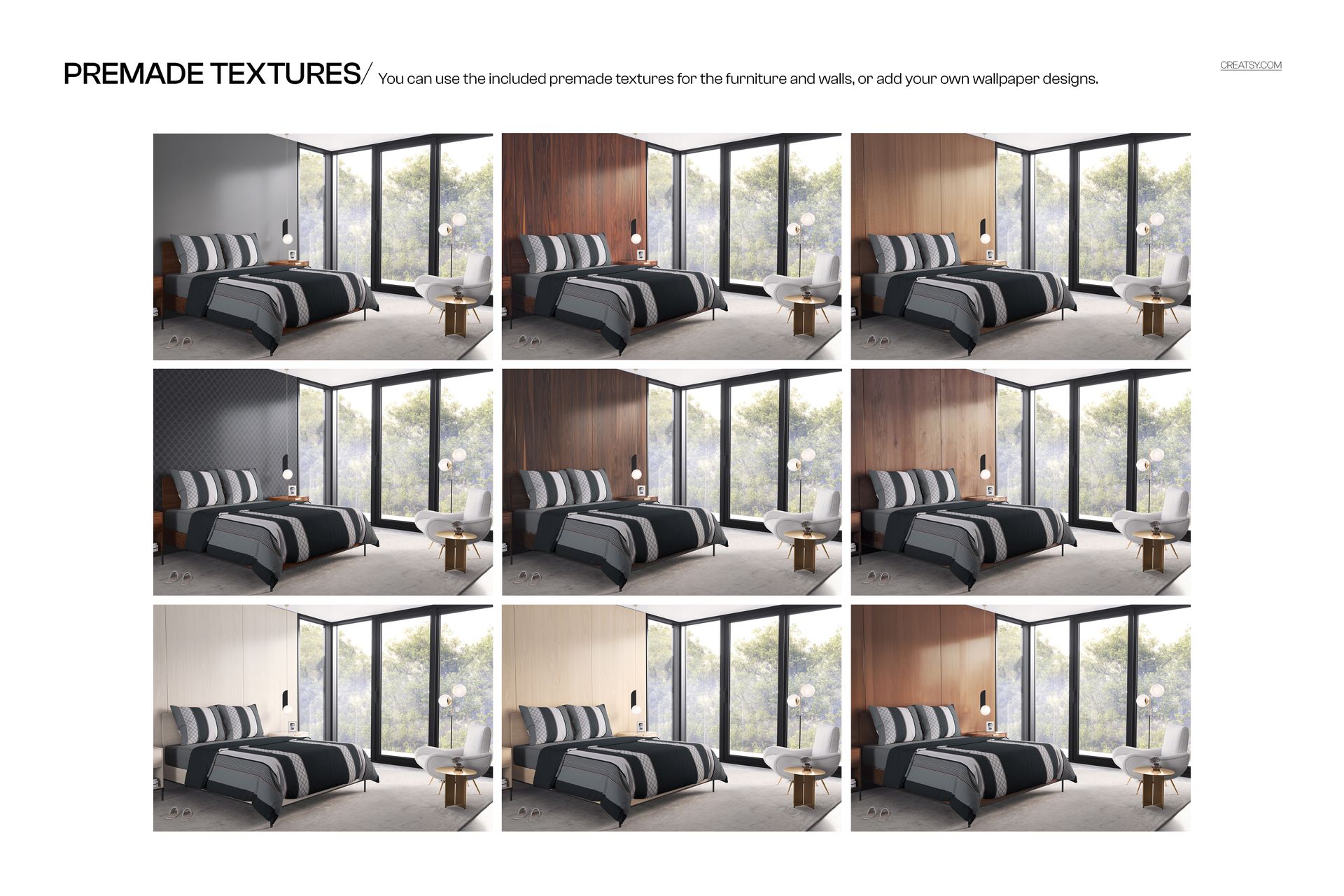 Bedding set in a modern luxury bedroom mockup, shown from a front view with various wall and furniture textures.