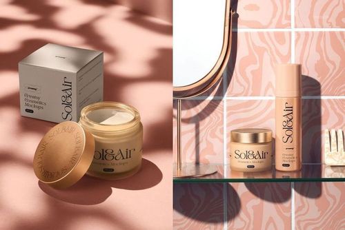 Modern cosmetics packaging mockup featuring a cream jar, box, and tall bottle against a patterned tile backdrop.